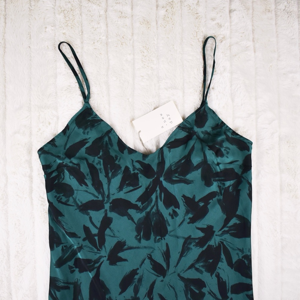 Jade Satin Dress with Black Floral Design